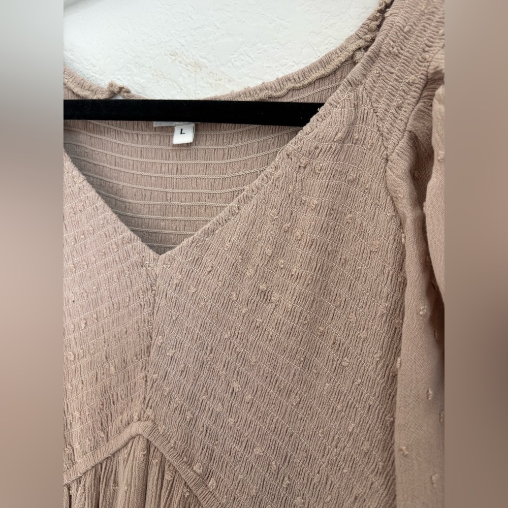 Baltic Born Lainey Smocked Swiss Dot Midi Dress Taupe Boho Long Sleeve Large - Picture 4 of 14